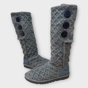 UGG Knit Boots Womens 7 Cardy Tall Sock Sweater Gray Lattice Australia Wool